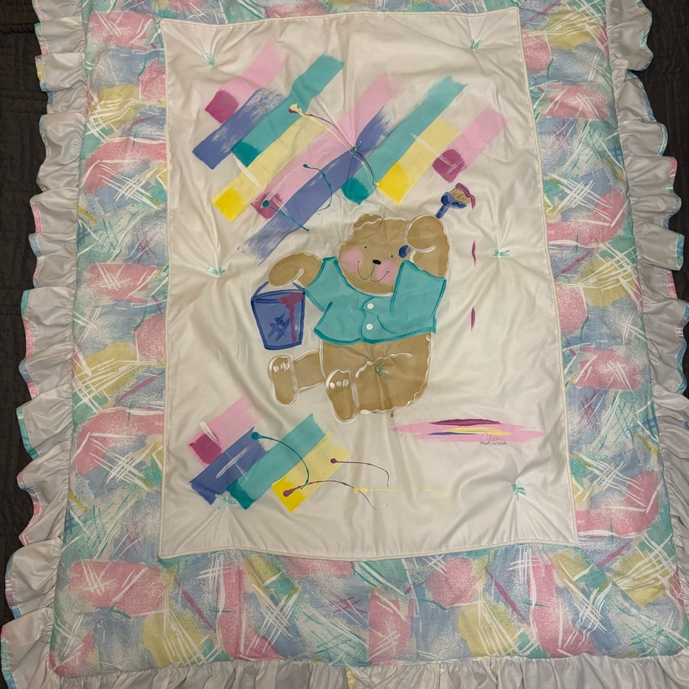 VTG Teddy Bear Puffy Baby Blanket Crib Comforter Artist Painted 80s Abstract